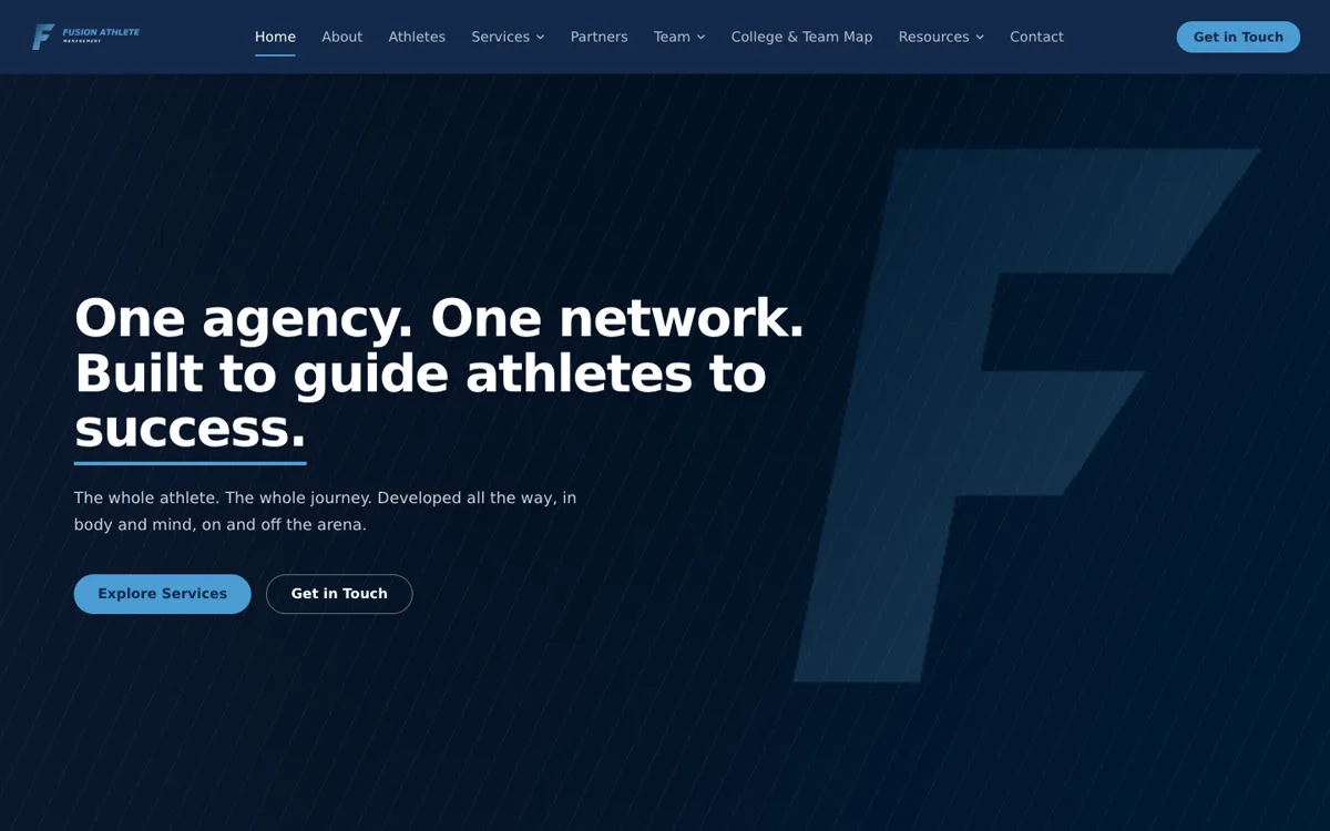 The Fusion Athlete Management homepage.